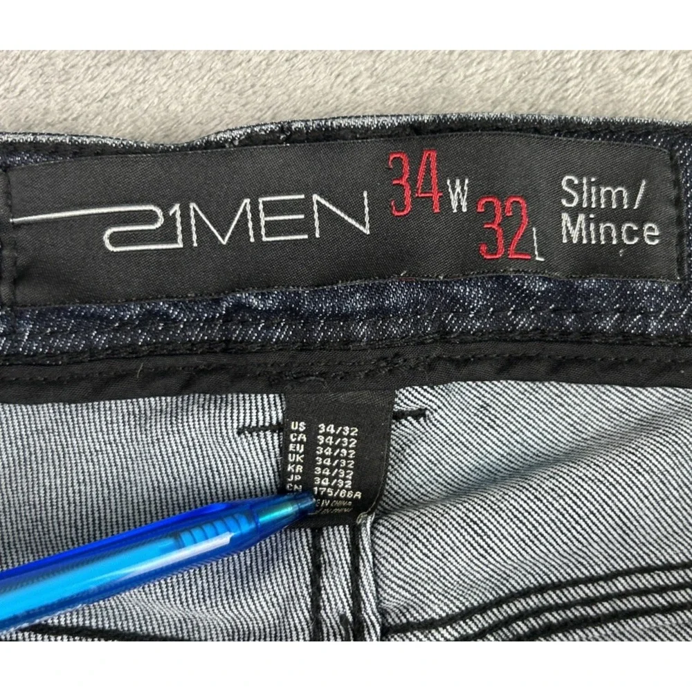 21 MEN Men's 34 X 32 Dark Blue Jeans Denim Pants 5 Pockets Slim Straight Retro